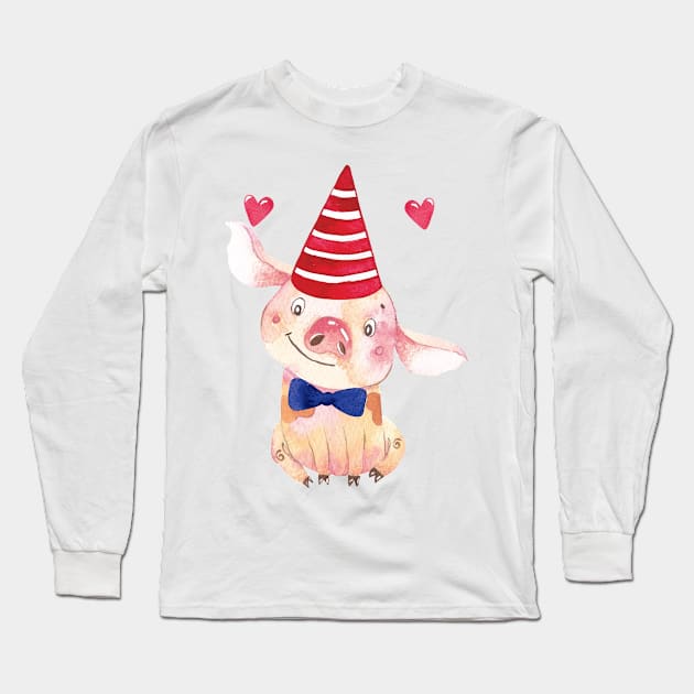 Cute Piglet with a tie bow and a hat Long Sleeve T-Shirt by susannefloe